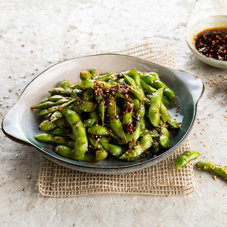 Image of Edamame in the pod in Asian style recipe made with Ardo products